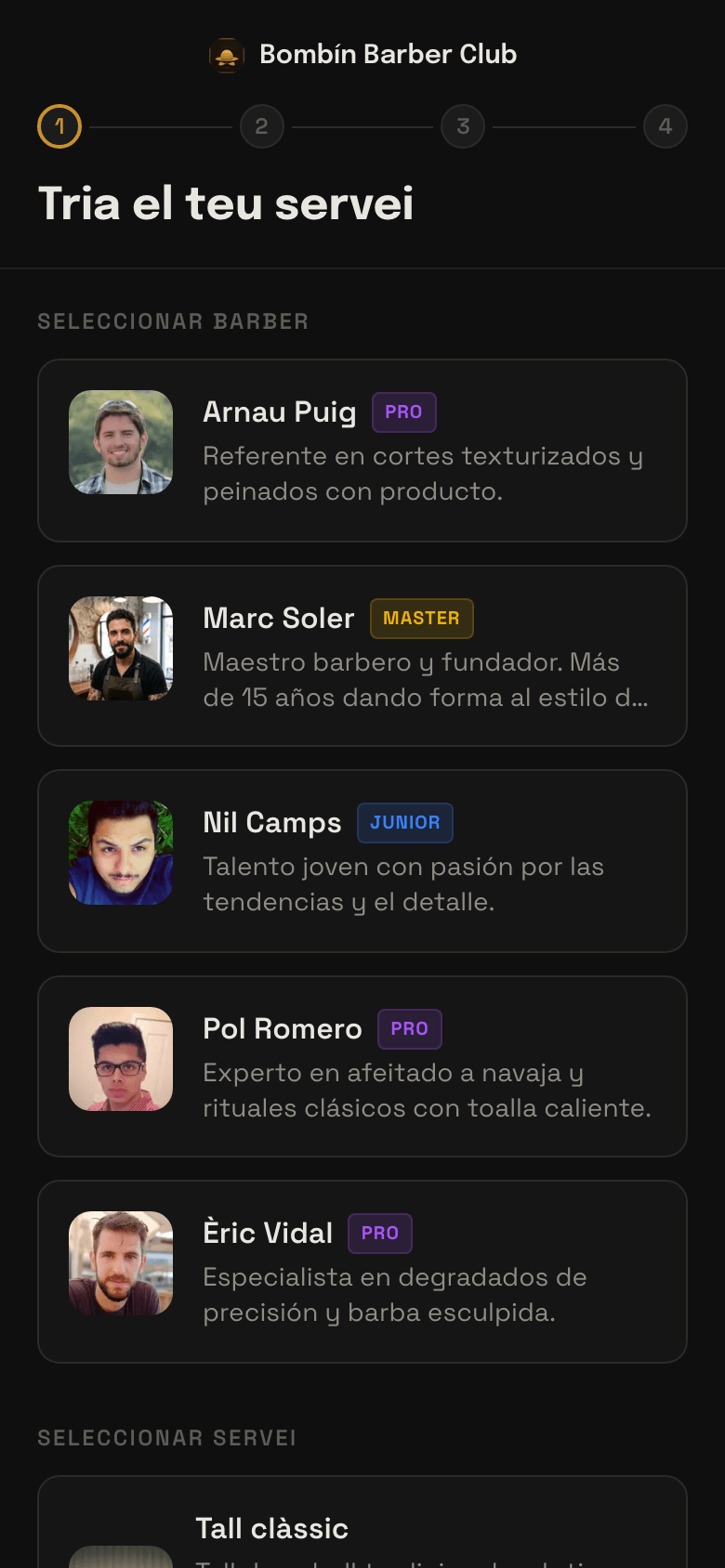 Pantalla de reserva d'una barberia d'exemple a trimly