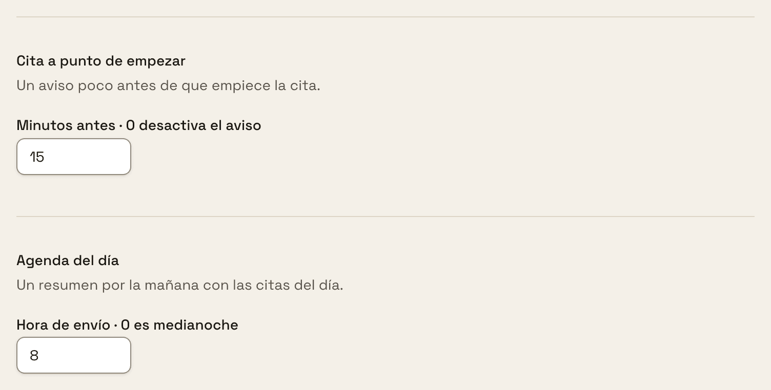 Los campos «Minutos antes · 0 desactiva el aviso» y «Hora de envío · 0 es medianoche»