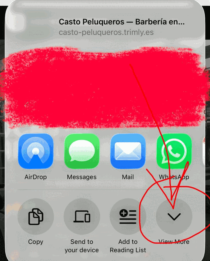 La hoja de compartir de iOS, con el botón «View More» marcado