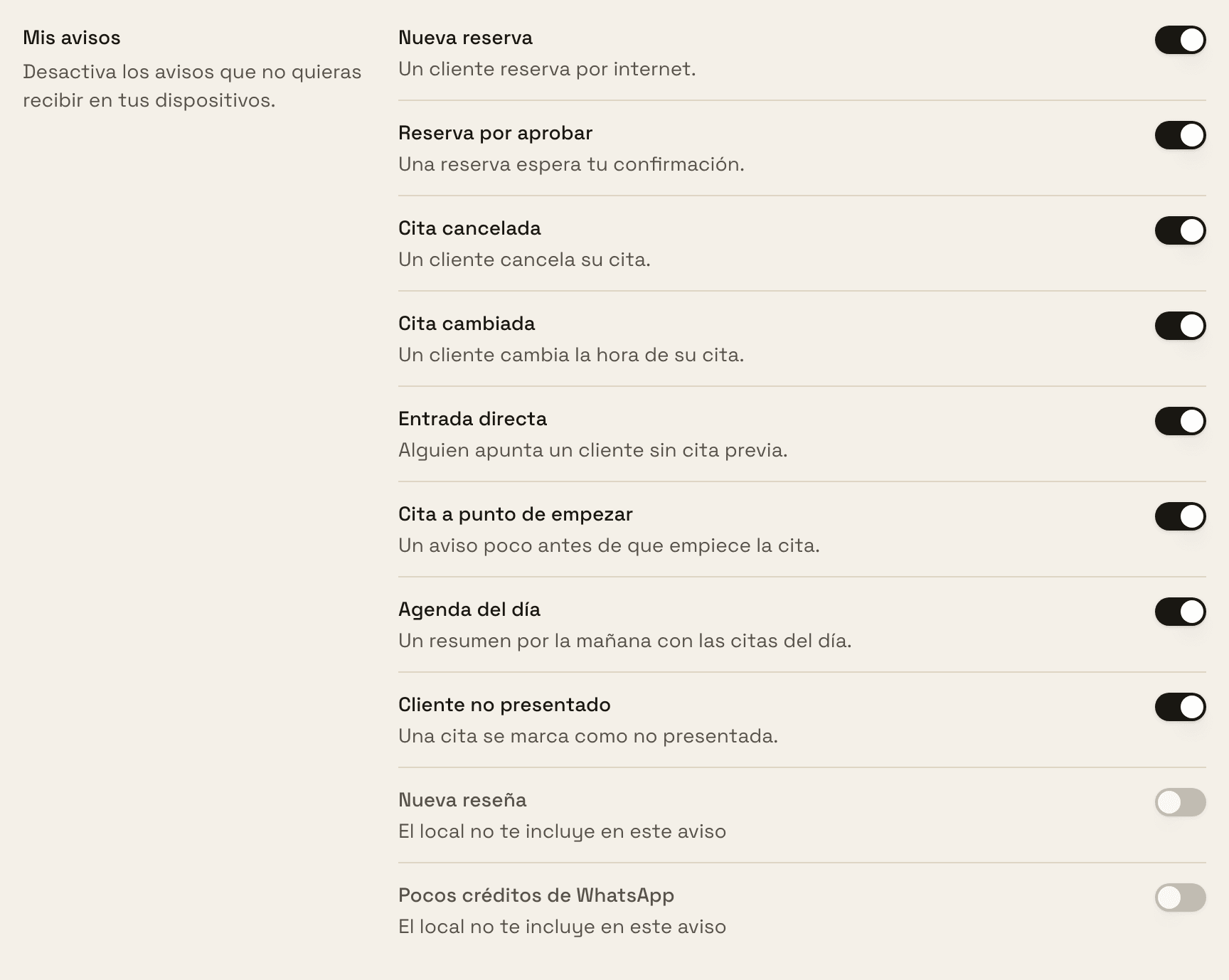 «Mis avisos» tal como lo ve un profesional, con dos avisos en gris y el texto «El local no te incluye en este aviso»
