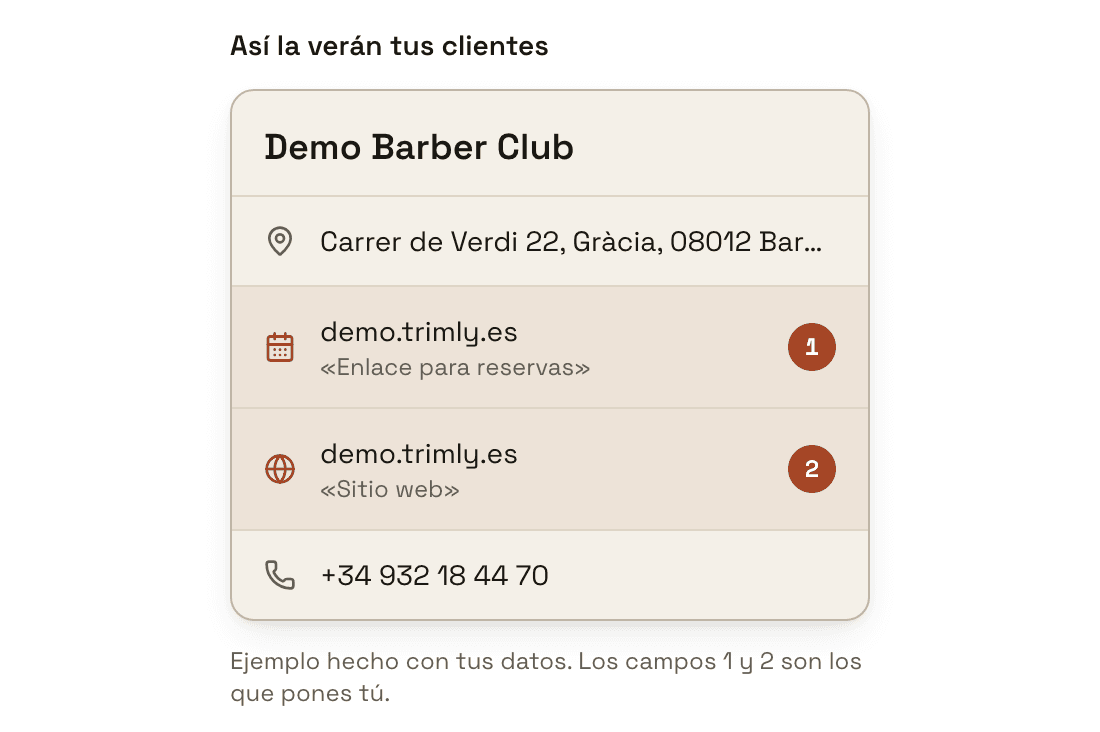 «Así la verán tus clientes»: la ficha de ejemplo de Demo Barber Club con la dirección, los campos 1 «Enlace para reservas» y 2 «Sitio web» resaltados, los dos con demo.trimly.es, y el teléfono debajo