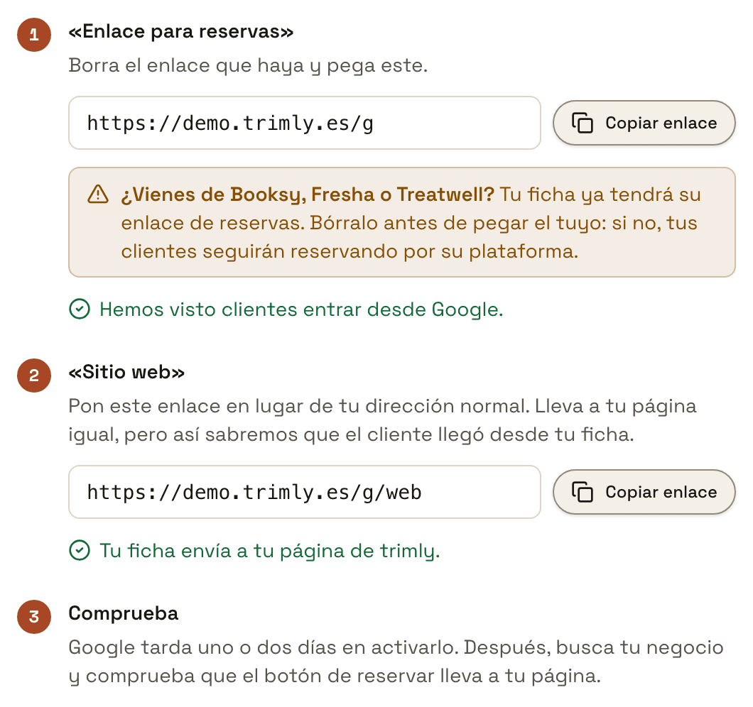 Los tres pasos de «Cómo debe quedar tu ficha»: 1 «Enlace para reservas» con https://demo.trimly.es/g, el botón «Copiar enlace», el aviso para quien viene de Booksy, Fresha o Treatwell y en verde «Hemos visto clientes entrar desde Google.»; 2 «Sitio web» con https://demo.trimly.es/g/web y en verde «Tu ficha envía a tu página de trimly.»; 3 «Comprueba»