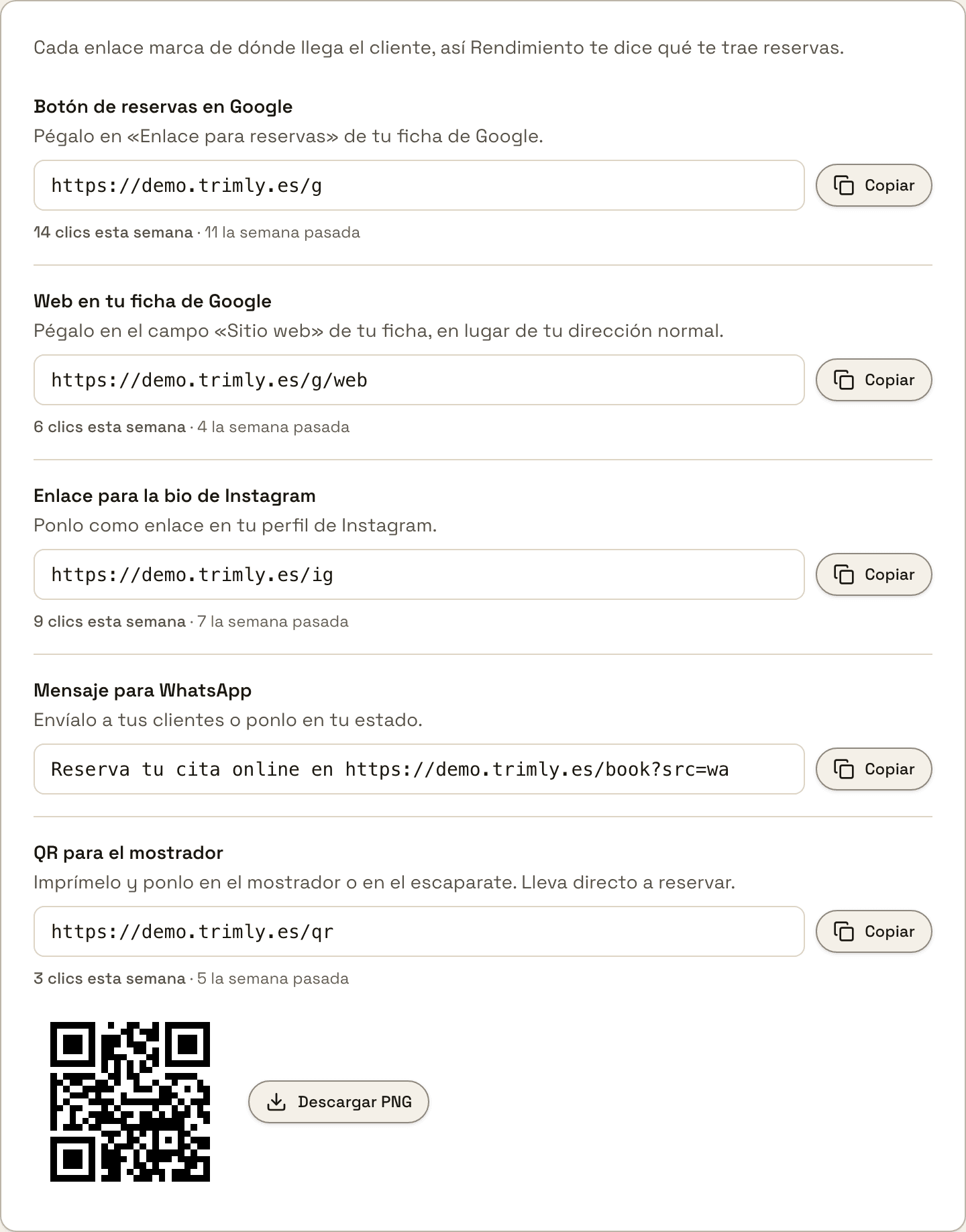 La página «Enlaces y QR»: cinco enlaces con su botón «Copiar» y sus clics de la semana, y el QR con «Descargar PNG»