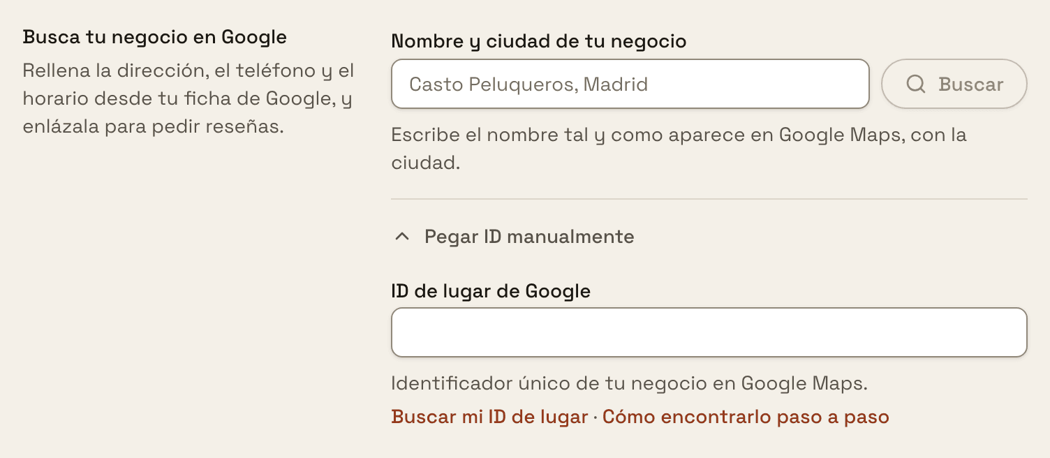 «Busca tu negocio en Google» en los ajustes de trimly y, debajo, «Pegar ID manualmente» abierto con el campo «ID de lugar de Google» y el enlace «Buscar mi ID de lugar»