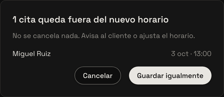 Aviso de que una cita queda fuera del nuevo horario, con el nombre del cliente y la hora