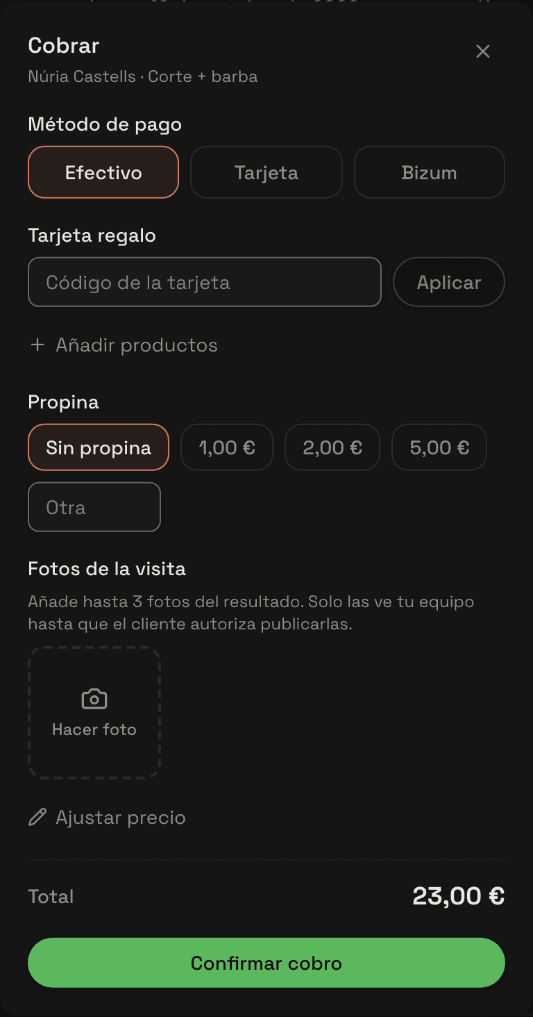 La pantalla «Cobrar» de una sesión: el precio, la señal ya pagada descontada y la forma de pago del resto.
