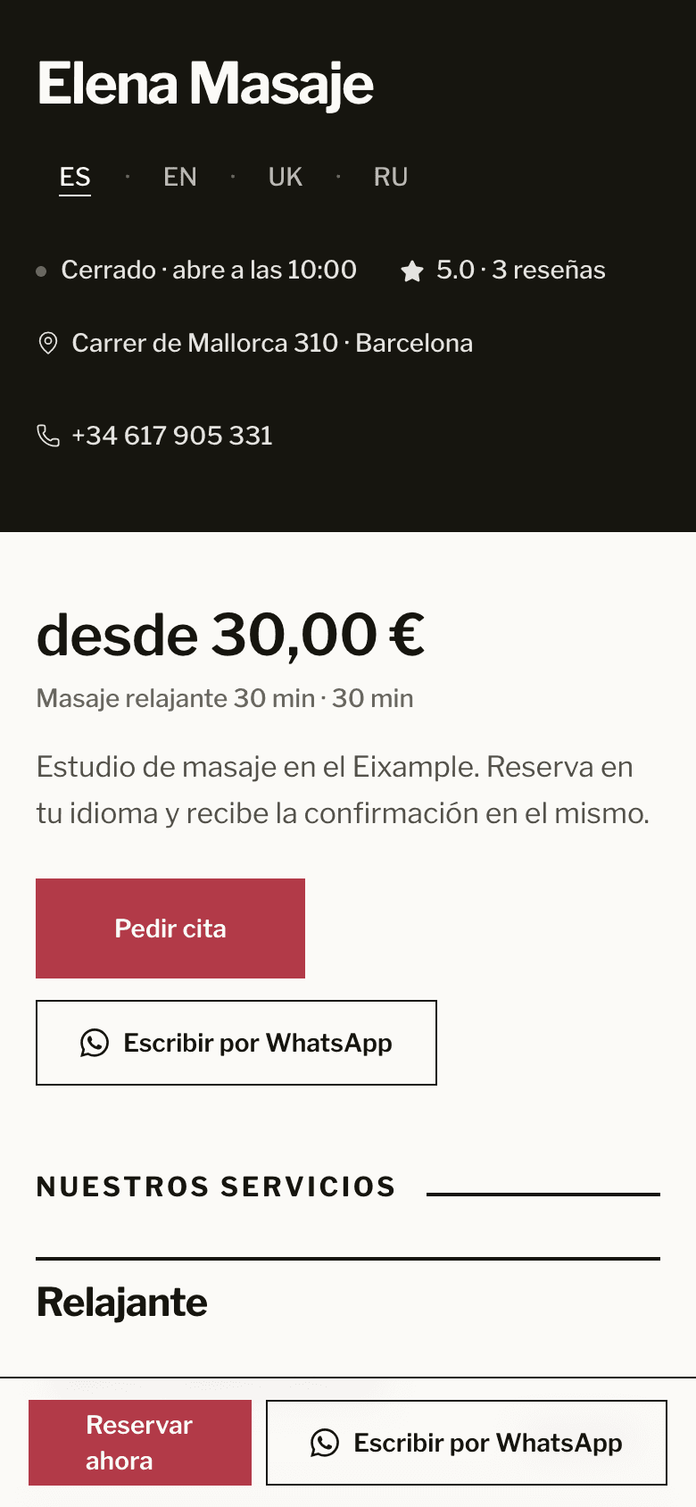 La misma web de Iryna vista desde un móvil en ruso: la carta, los precios y el botón, en el idioma del cliente y sin que ella haya tocado nada.