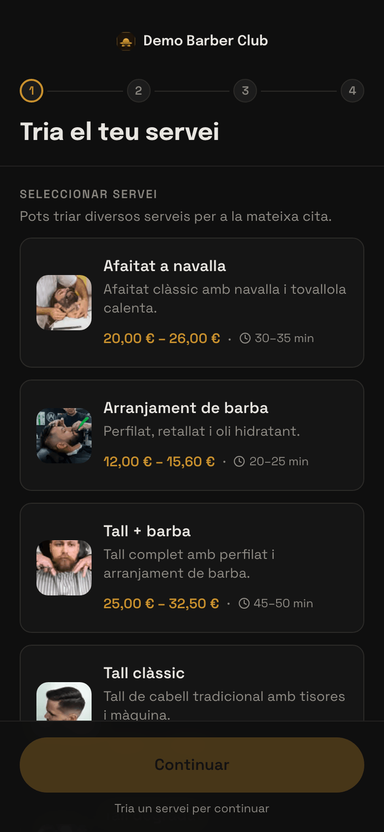 Pantalla de reserva d'un negoci d'exemple a trimly